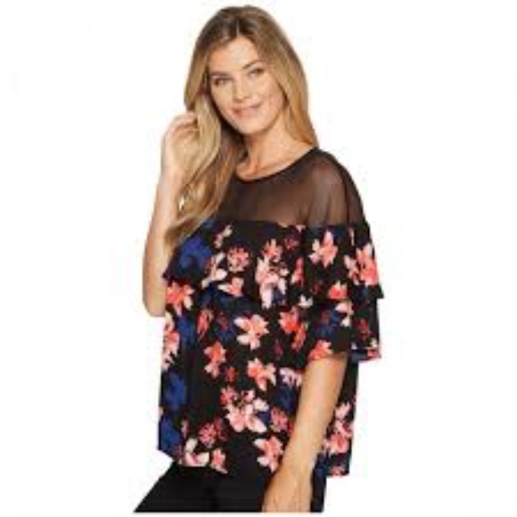NWT Vince Camuto Black Floral Mesh Yoke Blouse - Picture 2 of 7